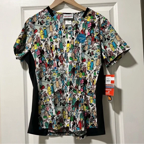 NWT Cherokee Women’s Tooniforms Where’s Waldo? V-Neck Scrub Top Size Large - Picture 3 of 7